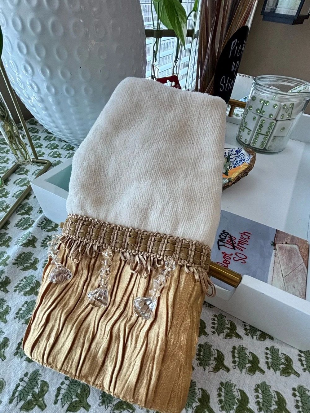 Croscill Home Embellished Hand Towel - Cream & Gold Pleated Satin Beaded Fringe
